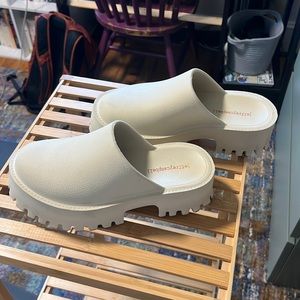 Jeffrey Campbell oatmeal clog sandals.